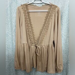 NWT Torrid Super Soft Rib V-Neck Lace Trim Tie Front Long Sleeve Top Sz 2